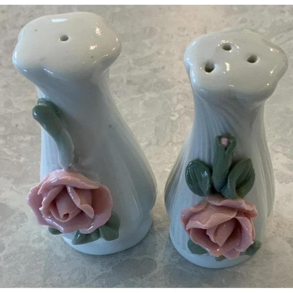 White Salt and Pepper Shakers Raised Pink Rose Rosebud w/Green Leaves Porcelain
